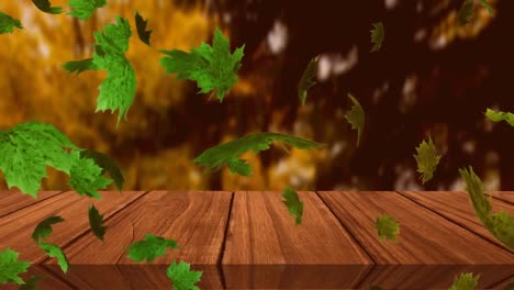 digitale animation mehrerer herbstblätter, die über holzoberflächen gegen den wald schweben