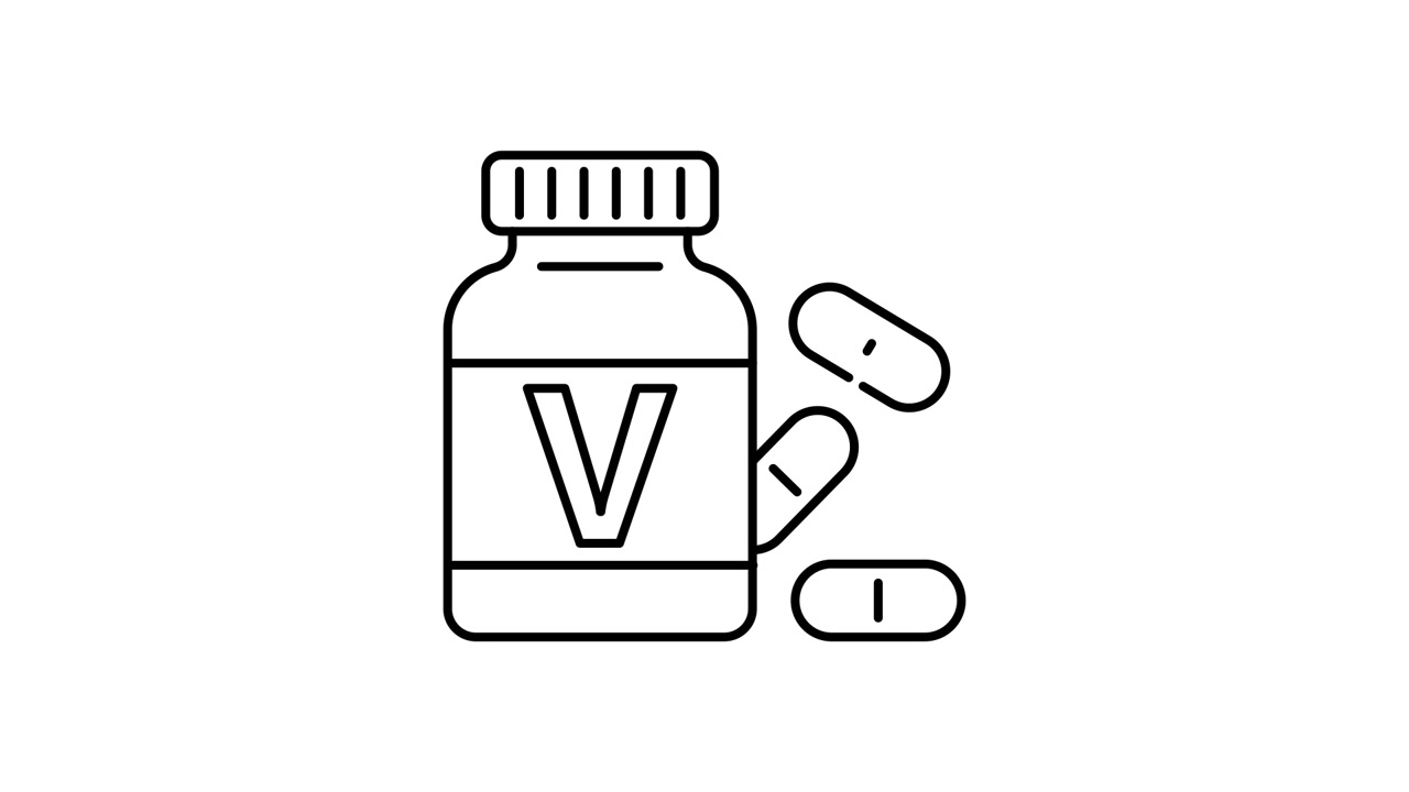 Icona animata in stile line art di flacone di vitamine e pillole