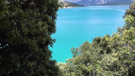 Croix-du-Verdon-national-park-lookout-through-pine-trees-over-water-and-mountains