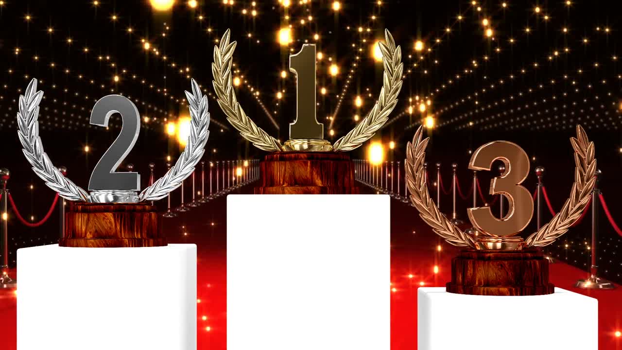 Animation of first, second and third place award trophies at winners' prize giving ceremony