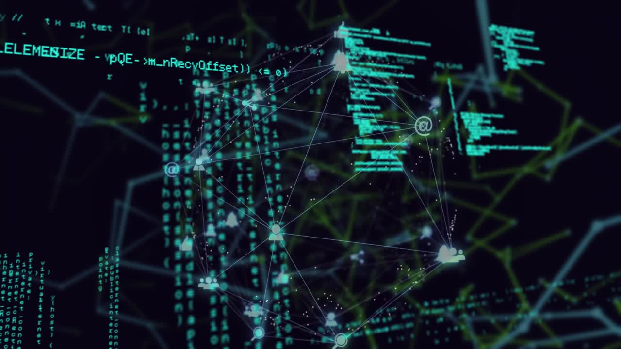 animación del procesamiento de datos y red de iconos digitales sobre redes de plexus sobre fondo negro.