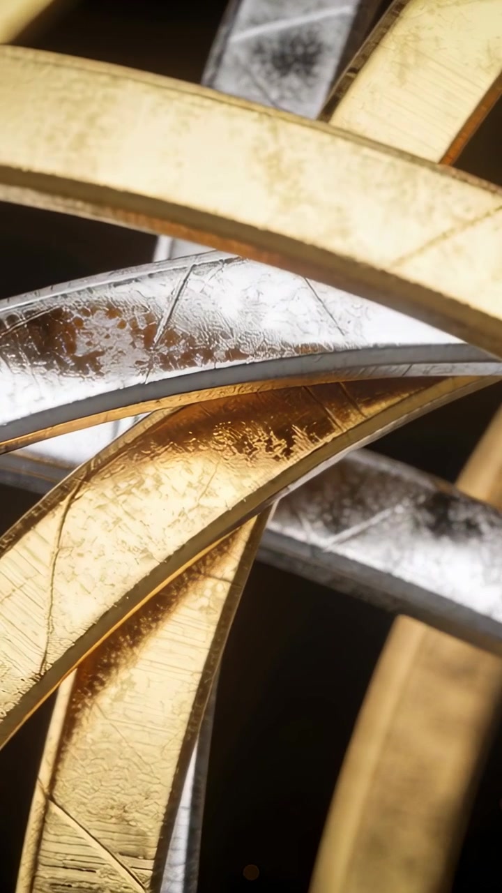 Video verticale: Scansione di luce che fa scorrere fasce intrecciate oro-argento in una macro che mostra graffi e lucentezza.