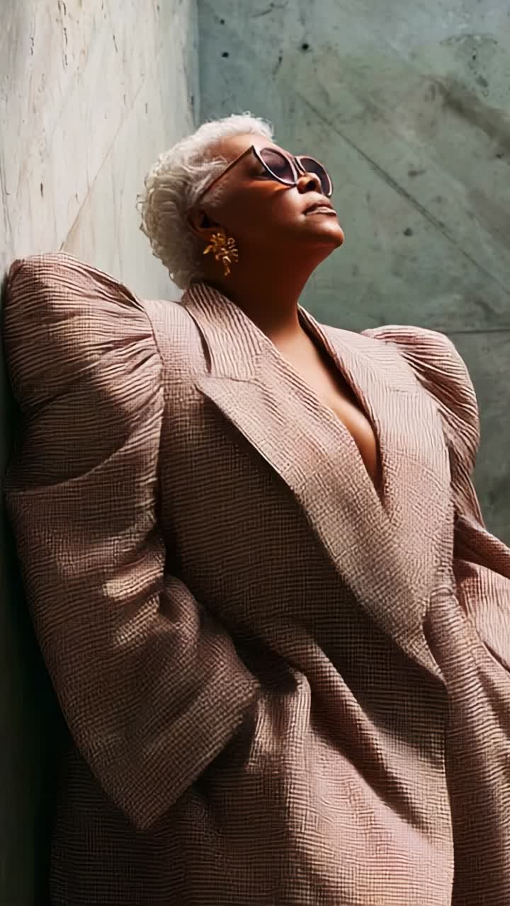 Fantastisk modeportræt af en selvsikker kvinde i en unik oversized blazer og stilfulde solbriller, der udstråler styrke og glamour i moderne omgivelser