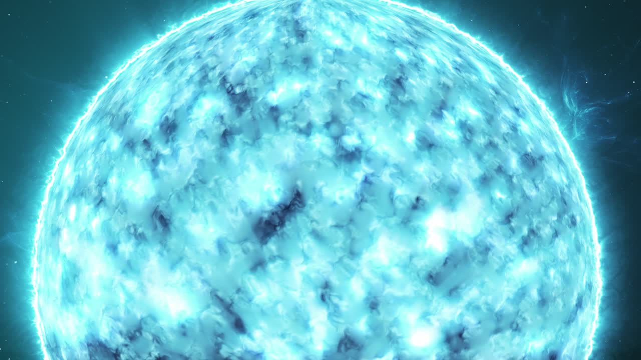 외계 공간에서 패닝 카메라 움직임으로 파란색 별의 광선 표면의 클로즈업