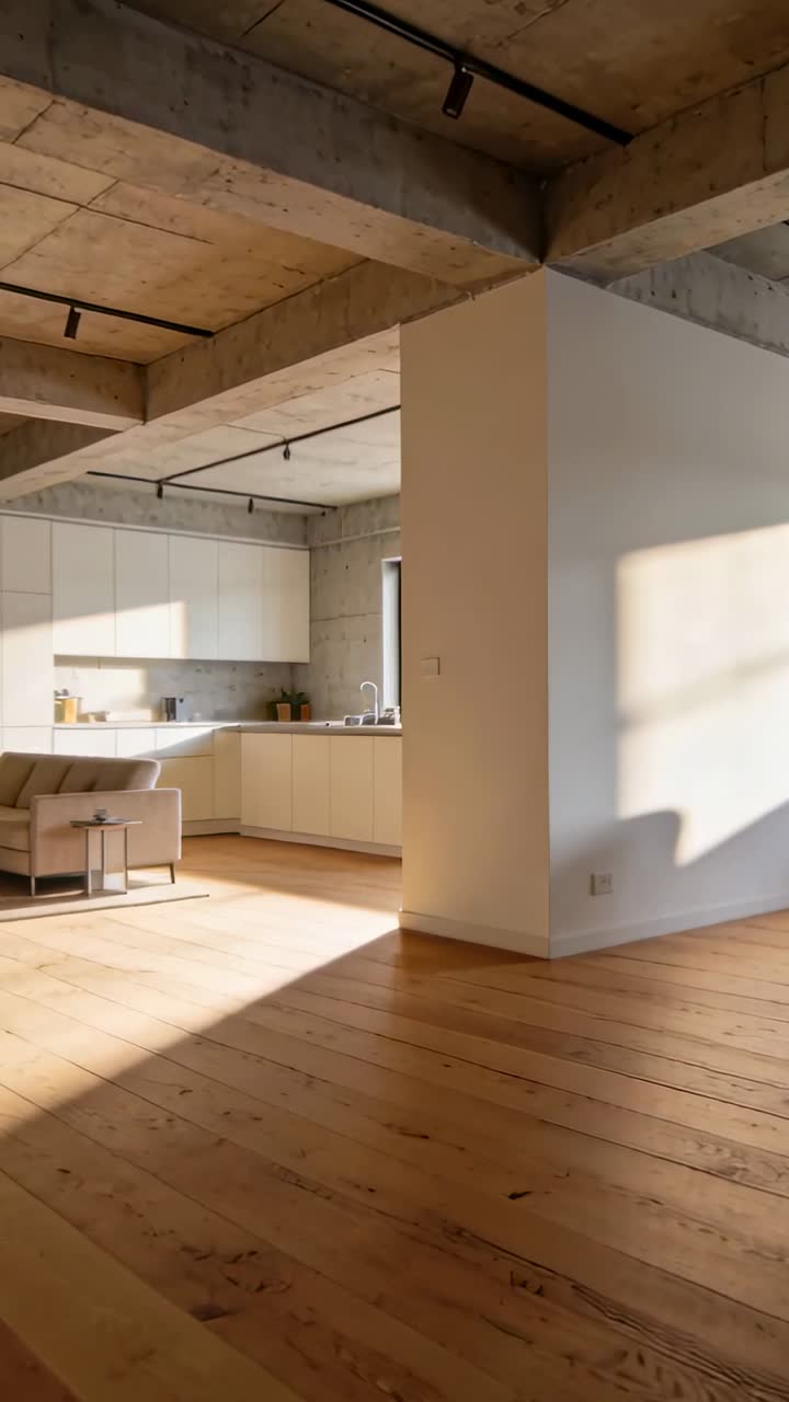 Video verticale: Tour immobiliare che mostra pavimento in parquet, colonna, scorrimento della telecamera, luce solare che cambia