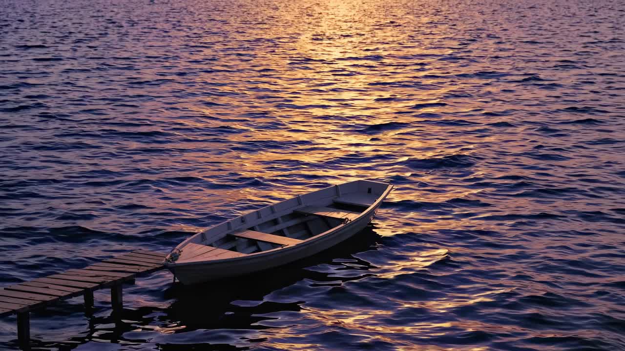 Una scena video serena di una piccola barca ormeggiata a un pontile di legno al tramonto