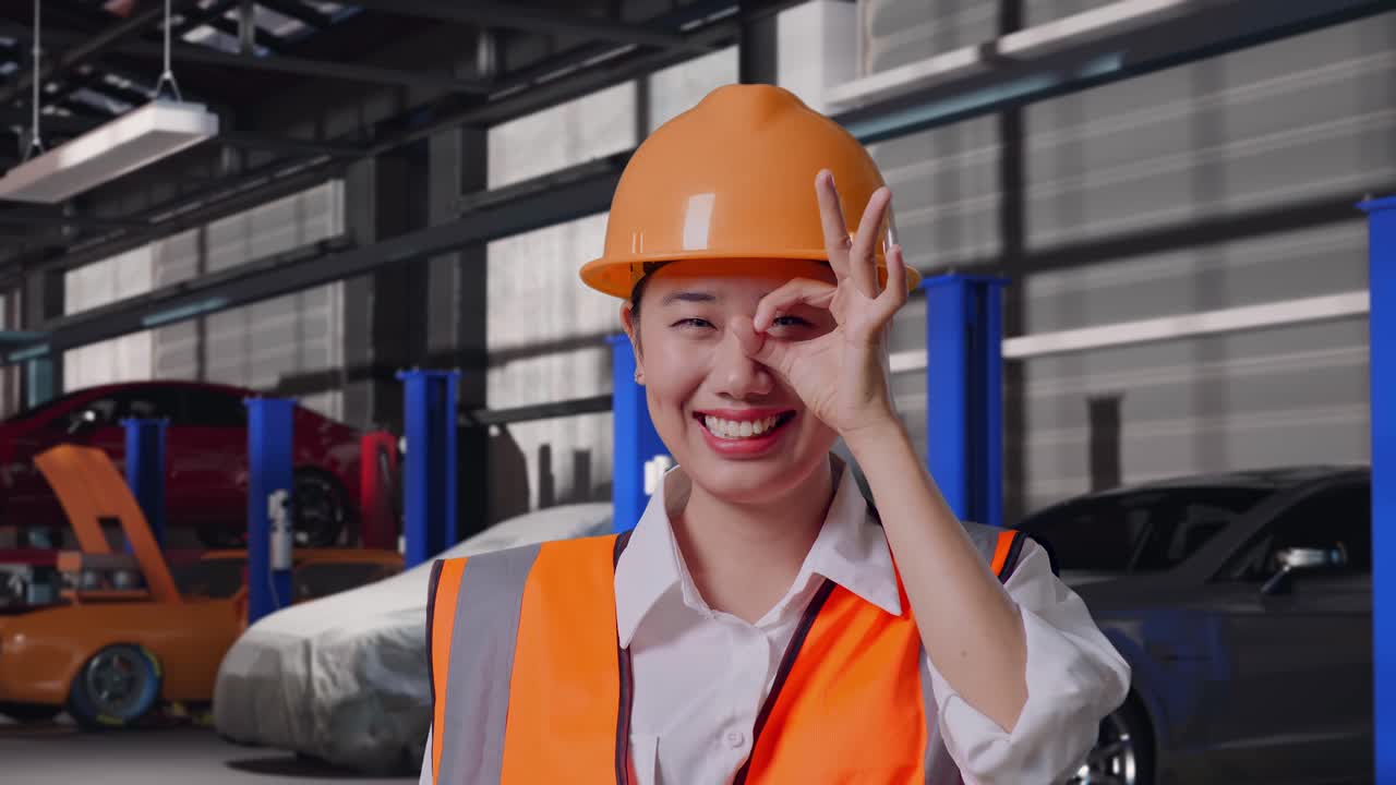 Close Up Of Asian Female Engineer With Safety Helmet Showing Ok Hand Sign Over Eye And Smiling To Camera While Standing in Auto Repair Shop