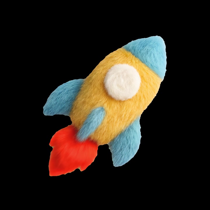 Animated Furry Rocket Toy Floating Against Black Background