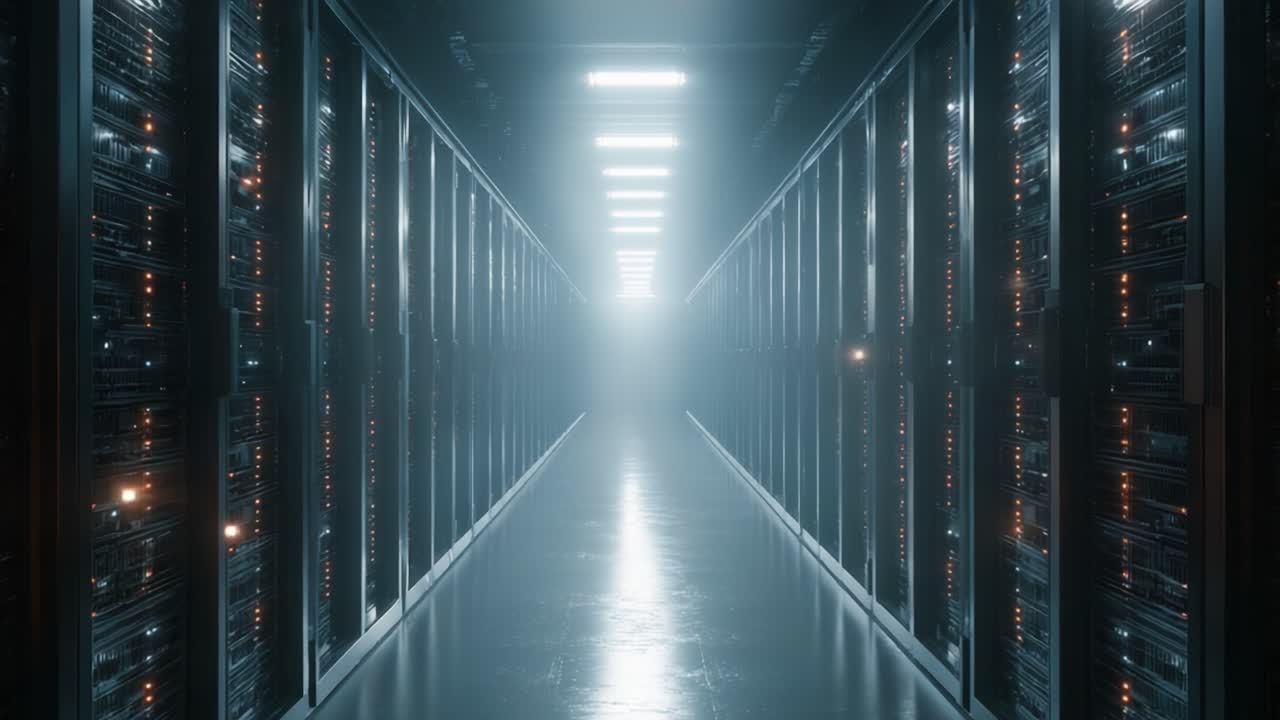 A Futuristic Data Center Aisle Illuminated by Bright Lights, Showcasing Rows of Server Racks with a Glowing Path Towards the Unknown