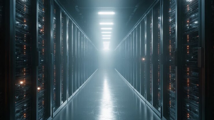 A Futuristic Data Center Aisle Illuminated by Bright Lights, Showcasing Rows of Server Racks with a Glowing Path Towards the Unknown