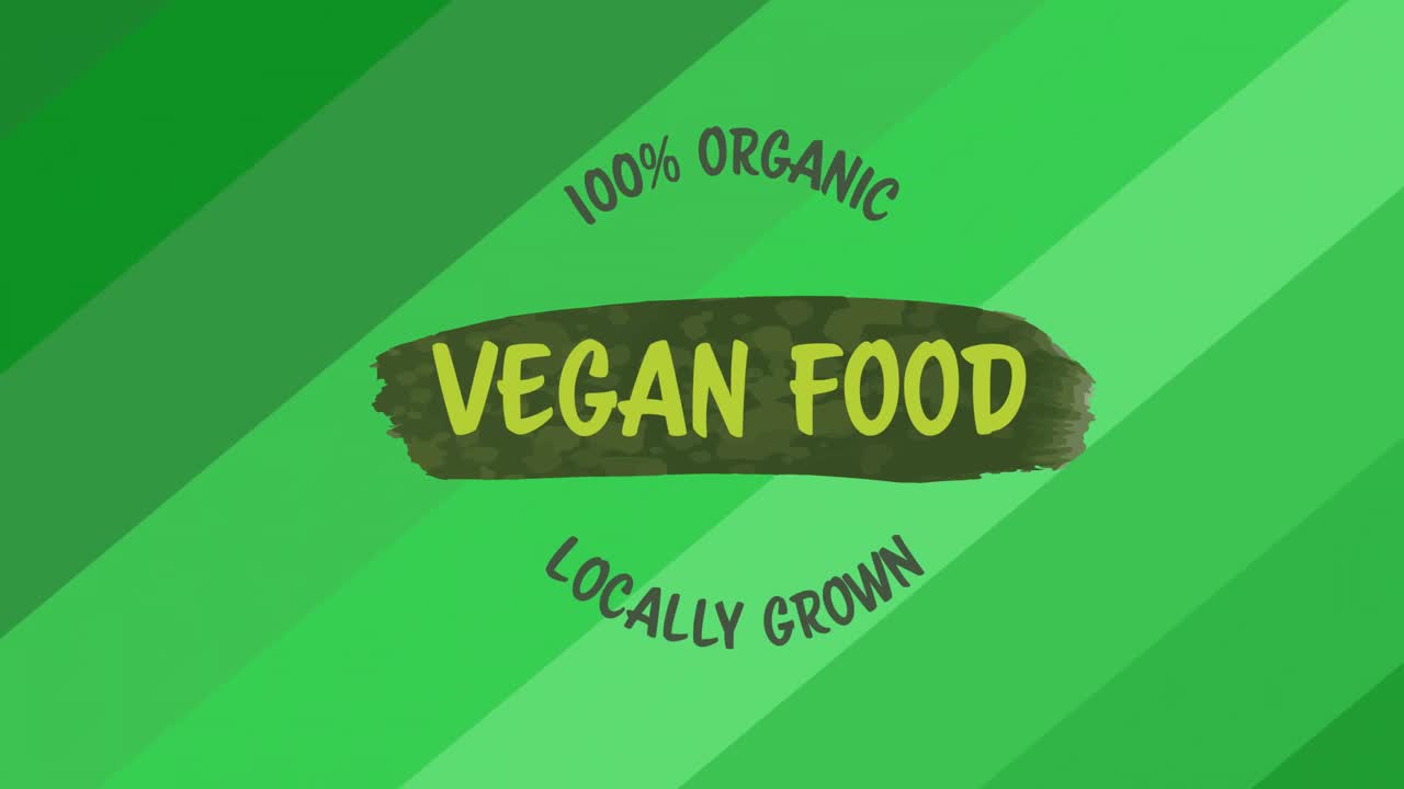Animation of 100 percent organic vegan food locally grown text in green, over green diagonal stripes