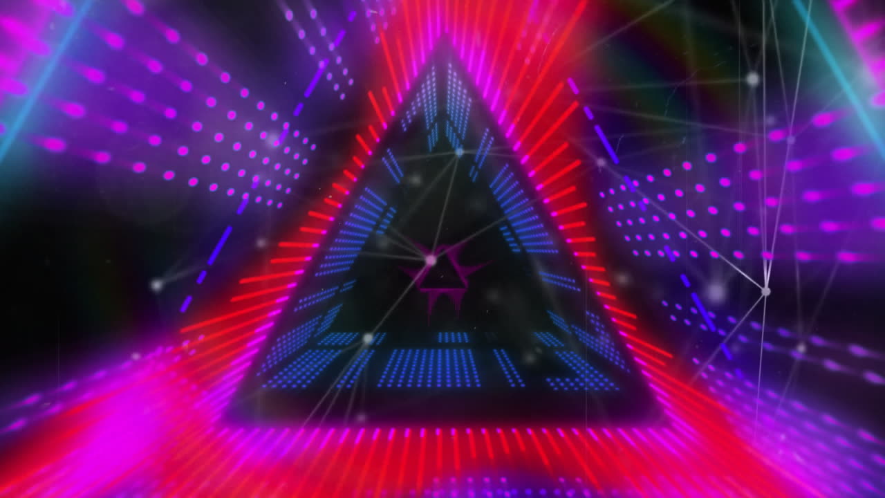 Abstract digital tunnel animation with colorful geometric patterns and glowing lines