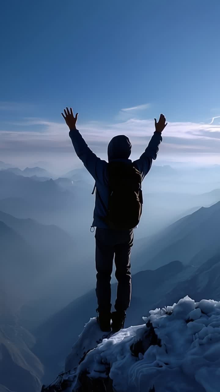 Una silhouette si erge su una cima innevata, con le braccia alzate in alto. Il sole irradia raggi luminosi dietro la figura, proiettando un bagliore dorato. Catene montuose distanti si estendono sotto un cielo azzurro e limpido. L'emozione irradia trionfo.