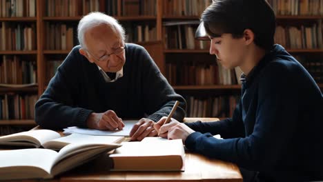 un anciano enseñando a un joven en una biblioteca