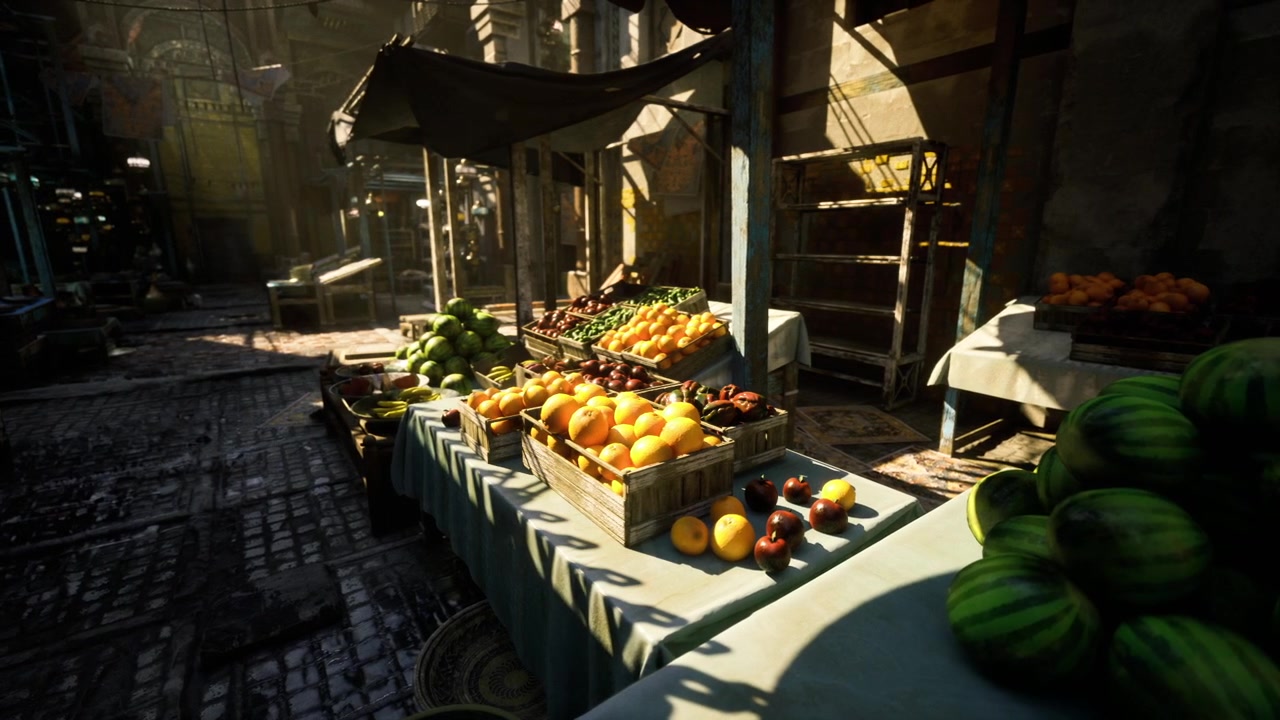 Vivace mercato delle spezie con frutta matura e attività frenetica