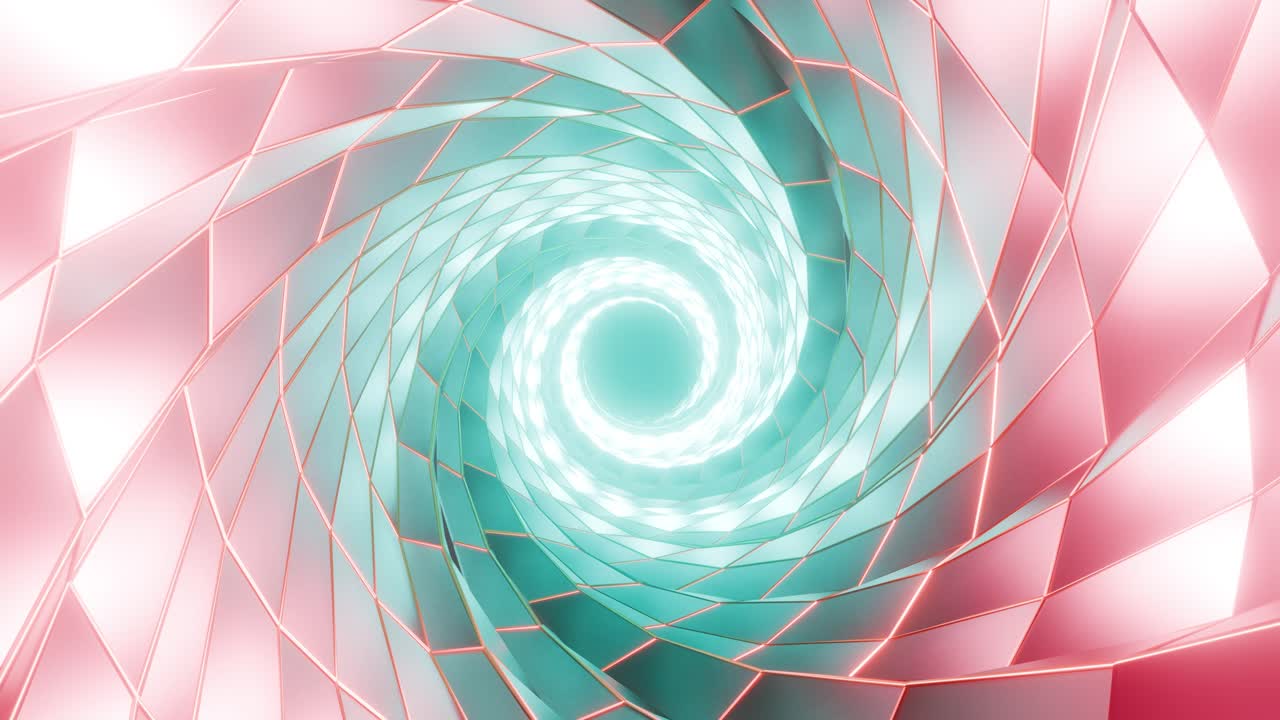 3D rendering of glowing pink and green spiral abstract tunnel
