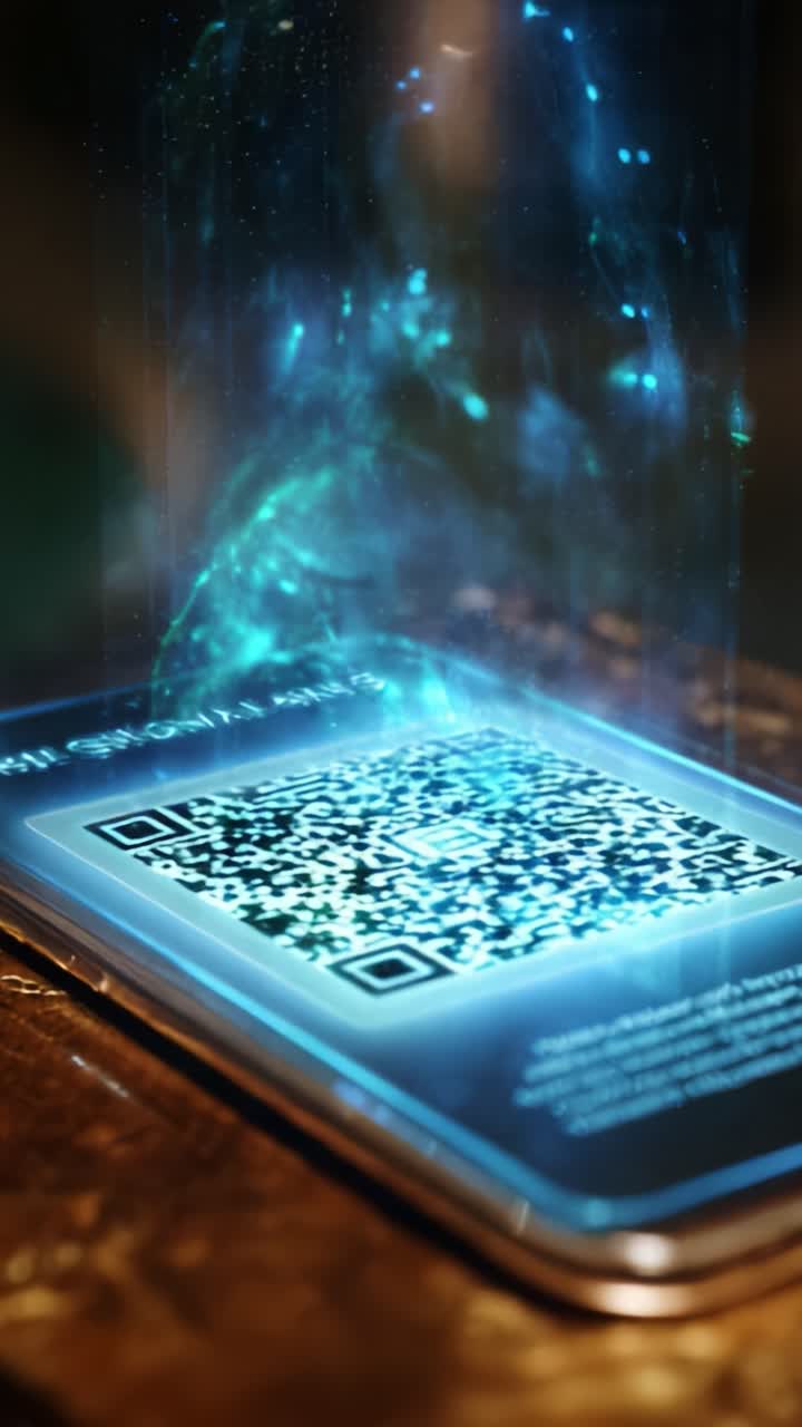 Illuminated QR Code Hologram Projected Above a Smartphone Display with Ethereal Digital Patterns and a Mystical Glow Enveloping the Surrounding Area