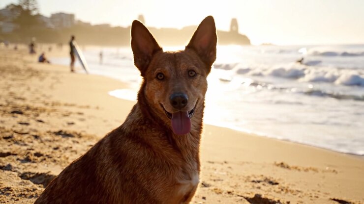 Una splendida ora d'oro in spiaggia: un cane giocoso che si gode il tramonto tra le onde, catturando momenti di gioia e serenità nell'abbraccio della natura.