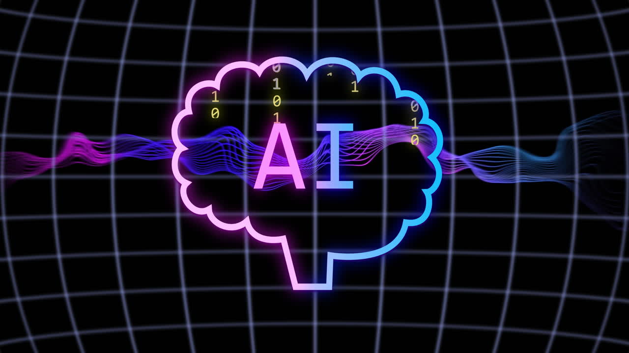 AI text inside neon brain outline with data waves over grid background