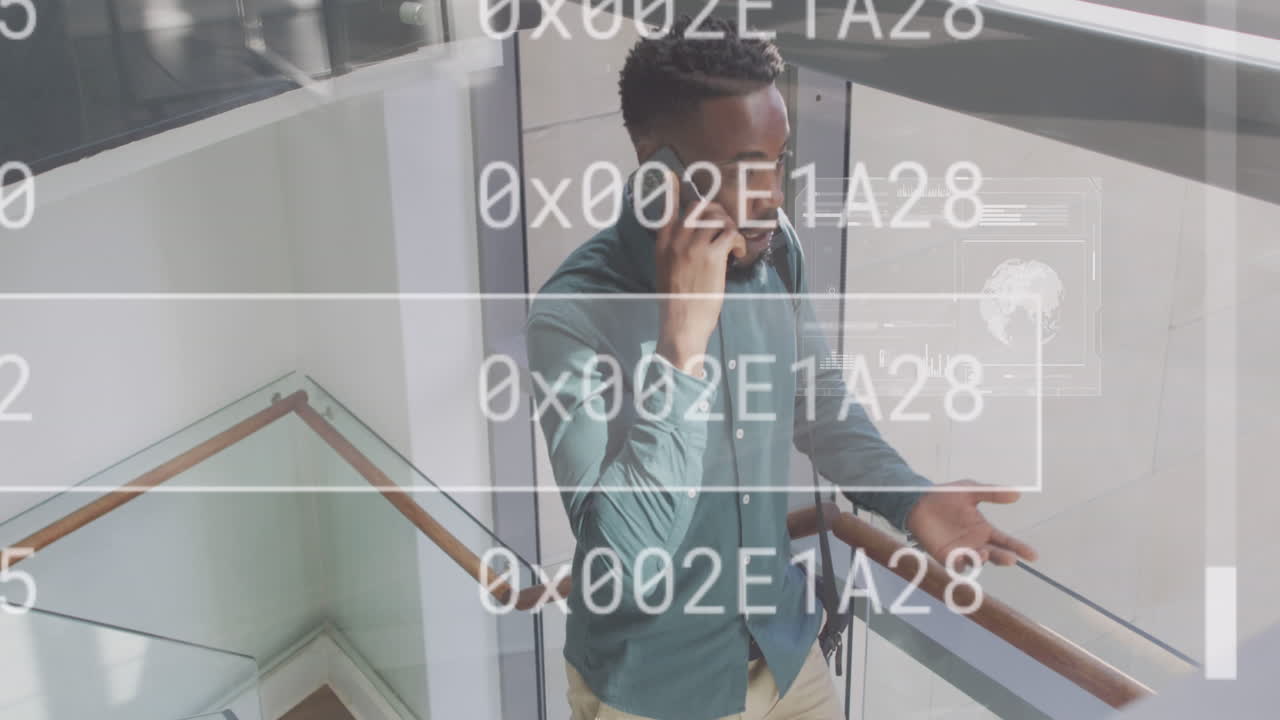 Animation of data processing over african american man using smartphone