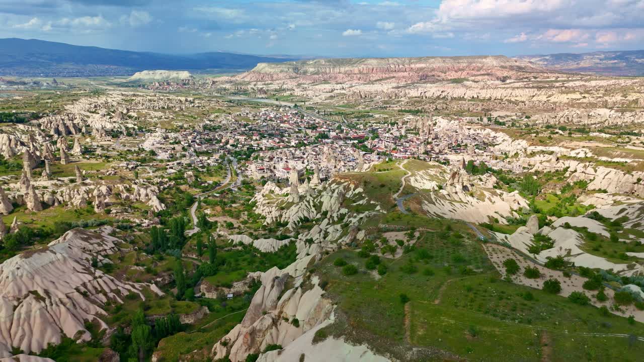 Aerial view of Cappadocia's unique rocky landscape in Turkey, cloudy day
