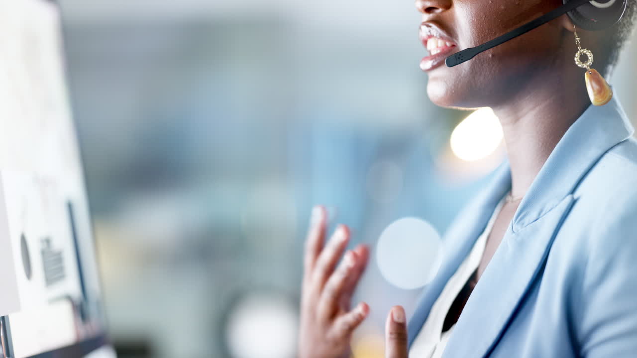 Call center, black woman and mouth talking