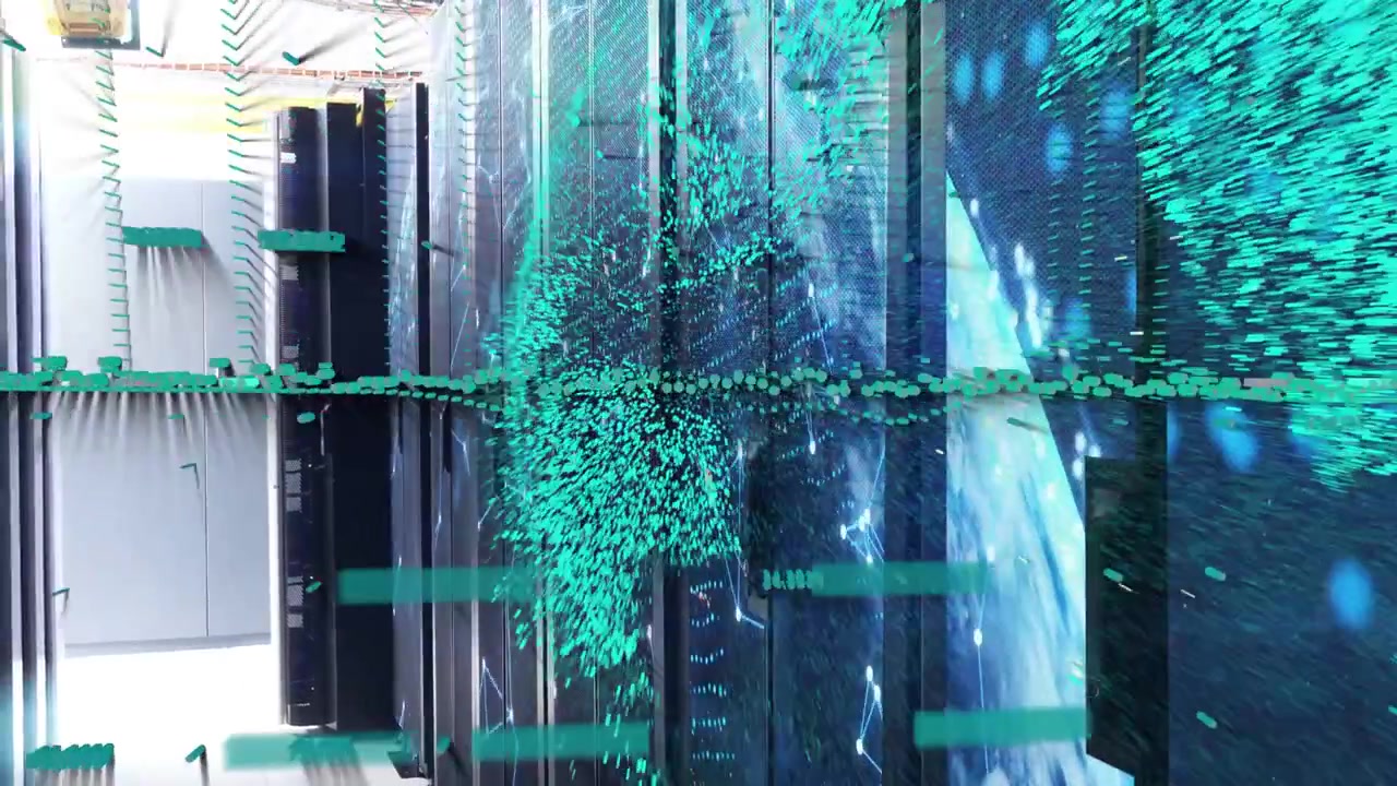 Teal particle streams activating from entry and sweeping across server racks, visualizing data flow