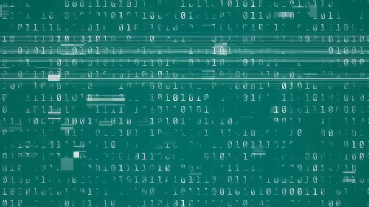 Animation of glitch effect over binary coding data processing against green background
