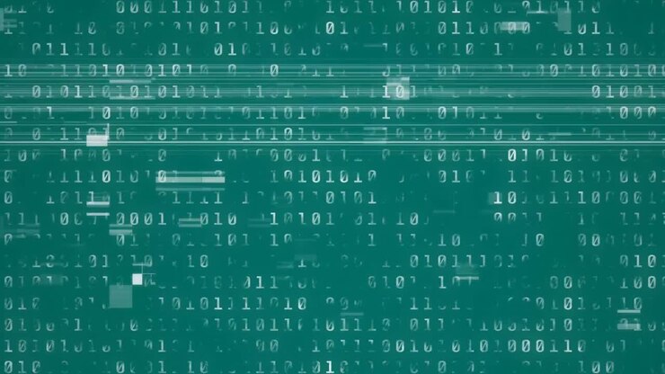 Animatie van een glitch-effect over binaire codeverwerking tegen een groene achtergrond.