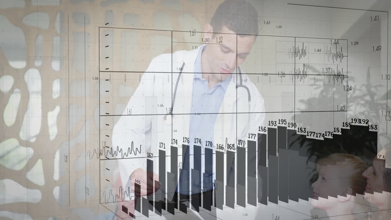 Clinic doctor reviewing clipboard with patient watching beside ECG waveform and 3D chart animating