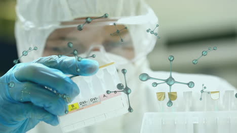 animación de estructuras moleculares flotando sobre una científica caucásica que trabaja en un laboratorio
