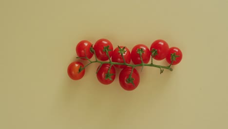 video de tomates cerezos frescos con espacio de copia en fondo amarillo