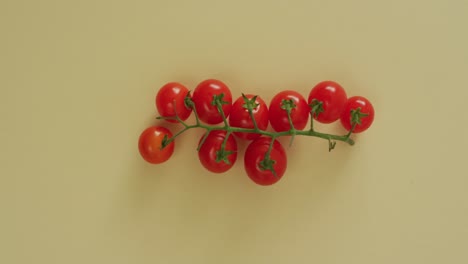 video of fresh cherry tomatoes with copy space on yellow background