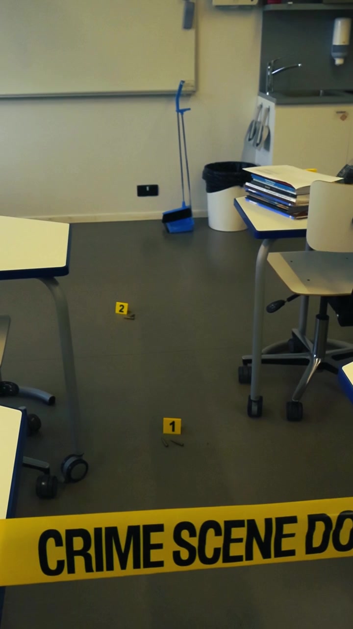 Nastro giallo della polizia che isola un'aula con indicatori di prove sul pavimento accanto a bossoli, a indicare un tragico incidente di sparatoria scolastica sotto indagine da parte delle forze dell'ordine