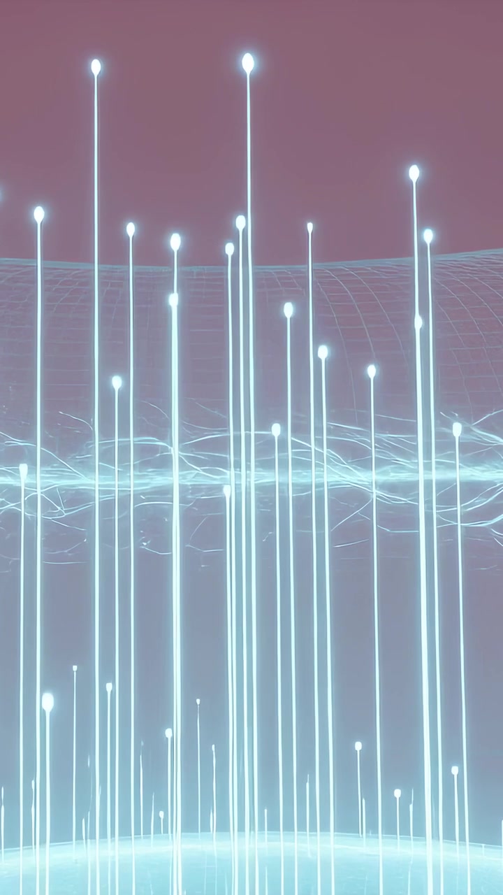 Vertical video: Starting vertical cyan beams rising from horizon in data graph, ribbon, arc pulsing