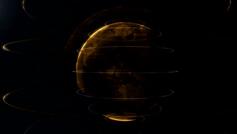 abstract particle. golden, orange planet inside the veilted one, created of dots. little white dots on the background. sphere. golden sphere appears from a scintillation growing up slowly. 4k.