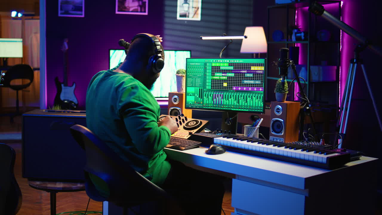 ingeniero de sonido mezclando y masterizando nueva música en consola y software daw