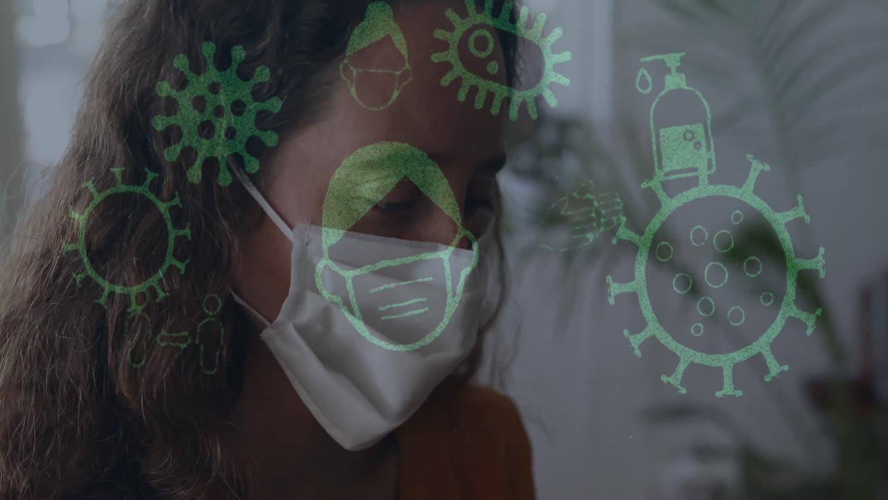 animación de iconos de covid 19 sobre una mujer con máscara facial