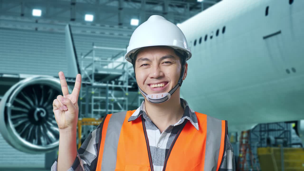 안전 헬을 착용한 아시아 남성 엔지니어가 거에 있는 항공기와 함께 서서 웃으며 항공기 유지보수 작업을 하는 동안 평화적인 몸짓을 보여준다.