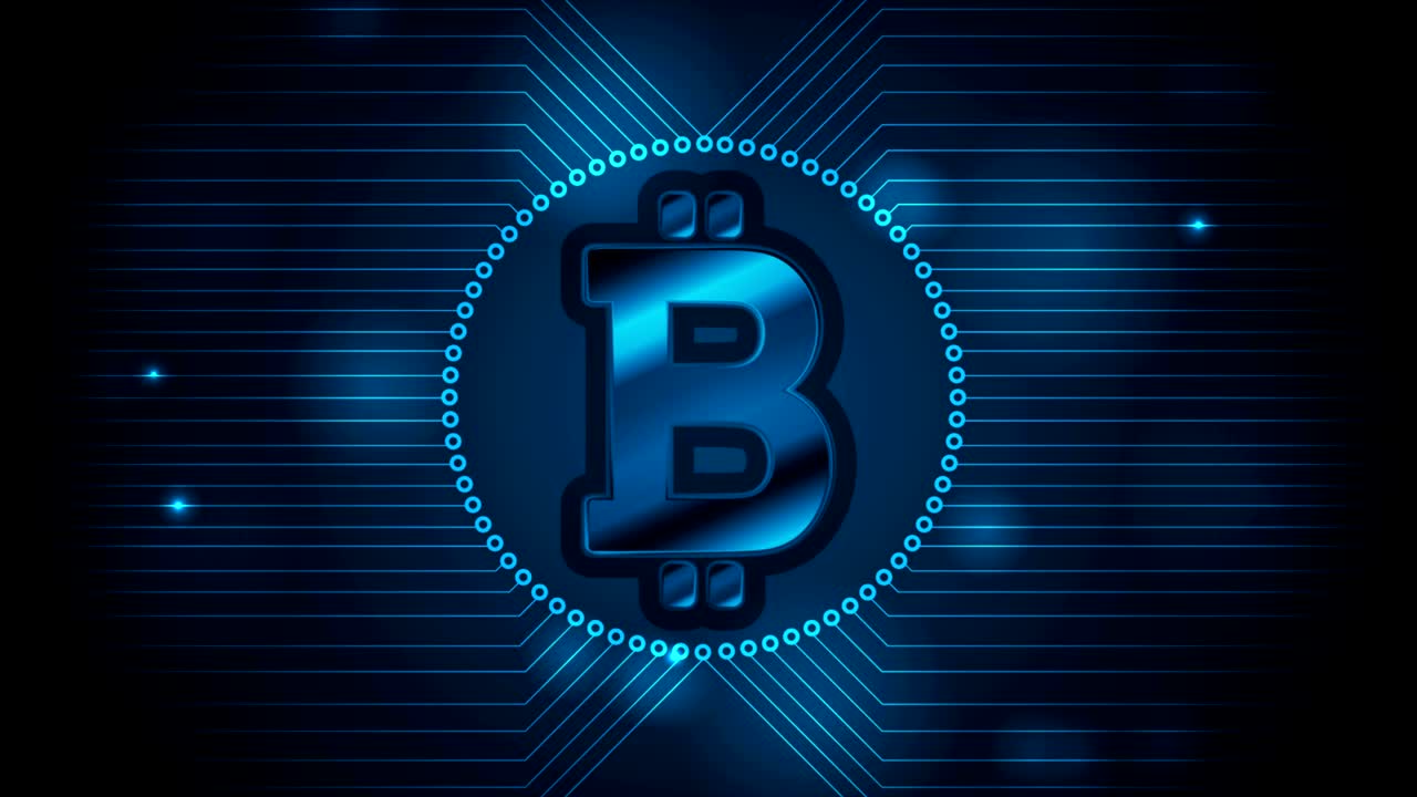 animación de video de tecnología azul con emblema de bitcoin