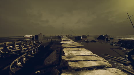 pathway across the water leading to abandoned boats at dusk