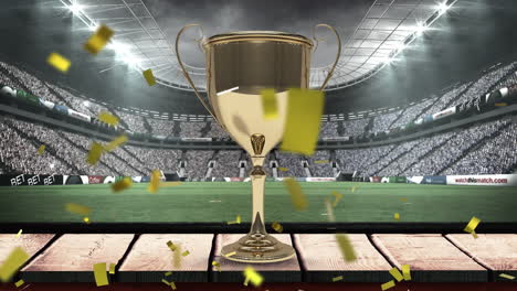 animation of confetti falling over gold cup in sports stadium