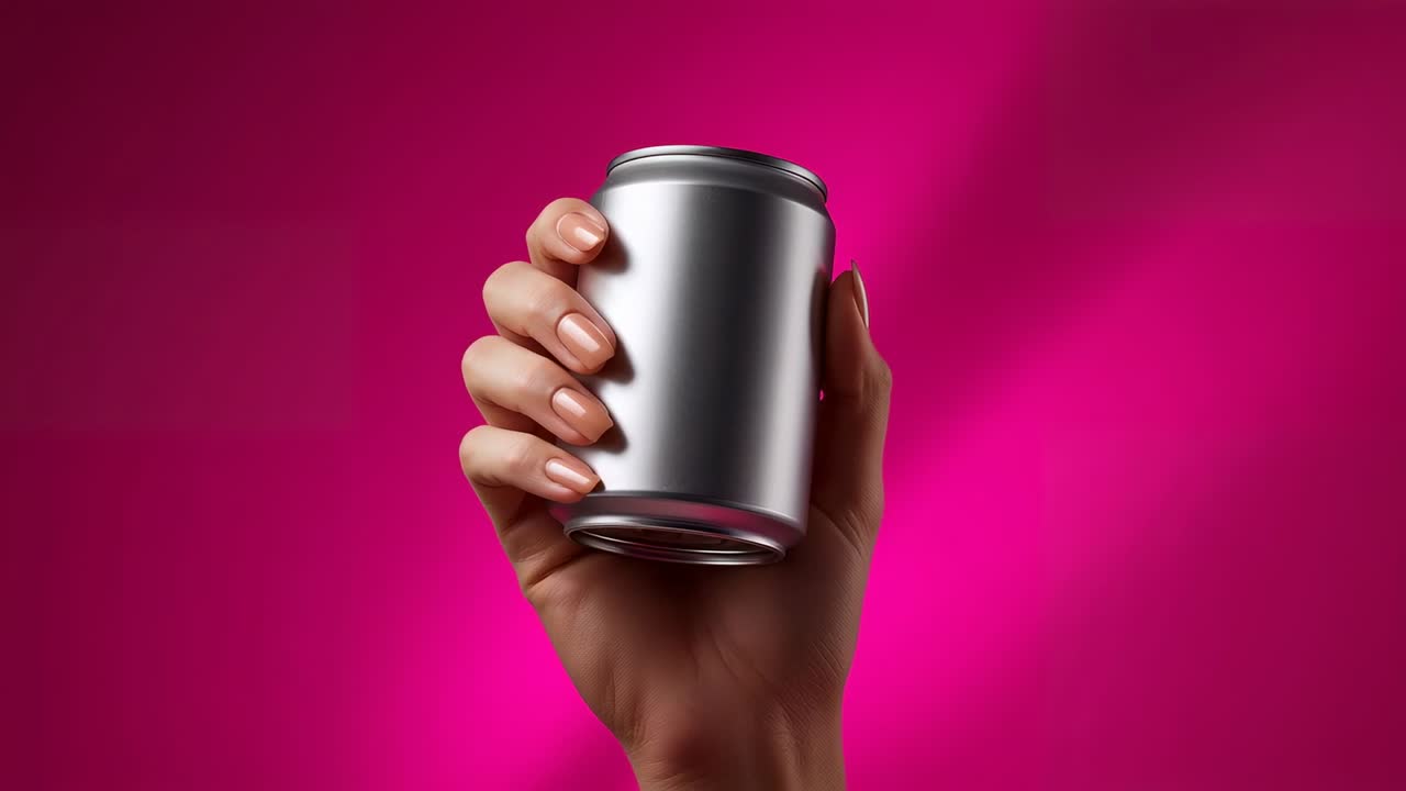 Hand emerging holding blank silver can on magenta backdrop, rotating while showcasing matte surface