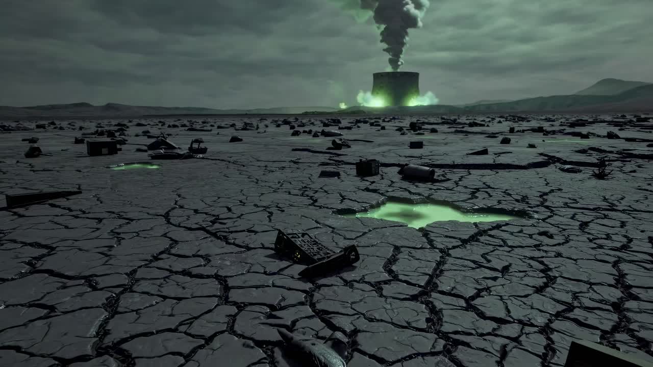 Un video di un paesaggio distopico con un'inquadratura dal basso di terra screpolata, detriti sparsi e fumo.