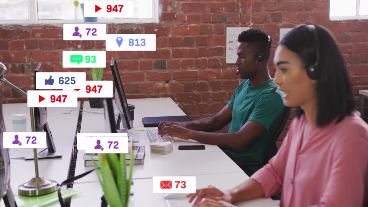 Animation of social media data processing over diverse business people in office