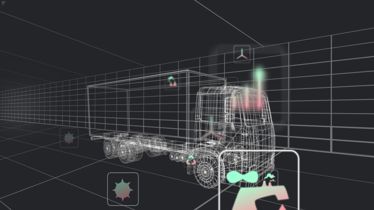 animación de múltiples iconos digitales sobre un modelo de camión 3d que se mueve en un patrón sin costuras en un túnel