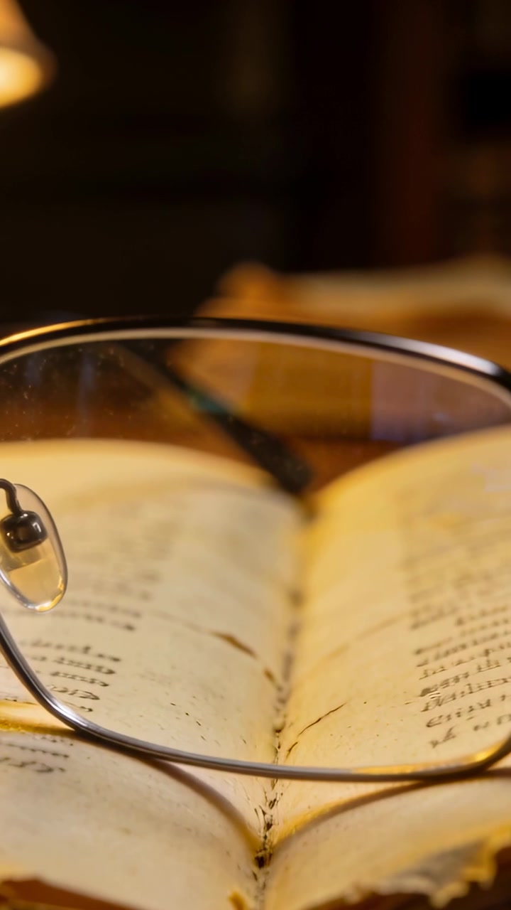 Video verticale: Telecamera che si allontana, occhiali di metallo che scivolano sulla rilegatura di un libro sulla scrivania, rivelando del testo.