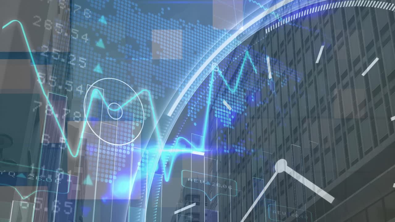 통계, 증권 시장 데이터 처리, 세계 지도, 높은 건물 위의 시계의 애니메이션