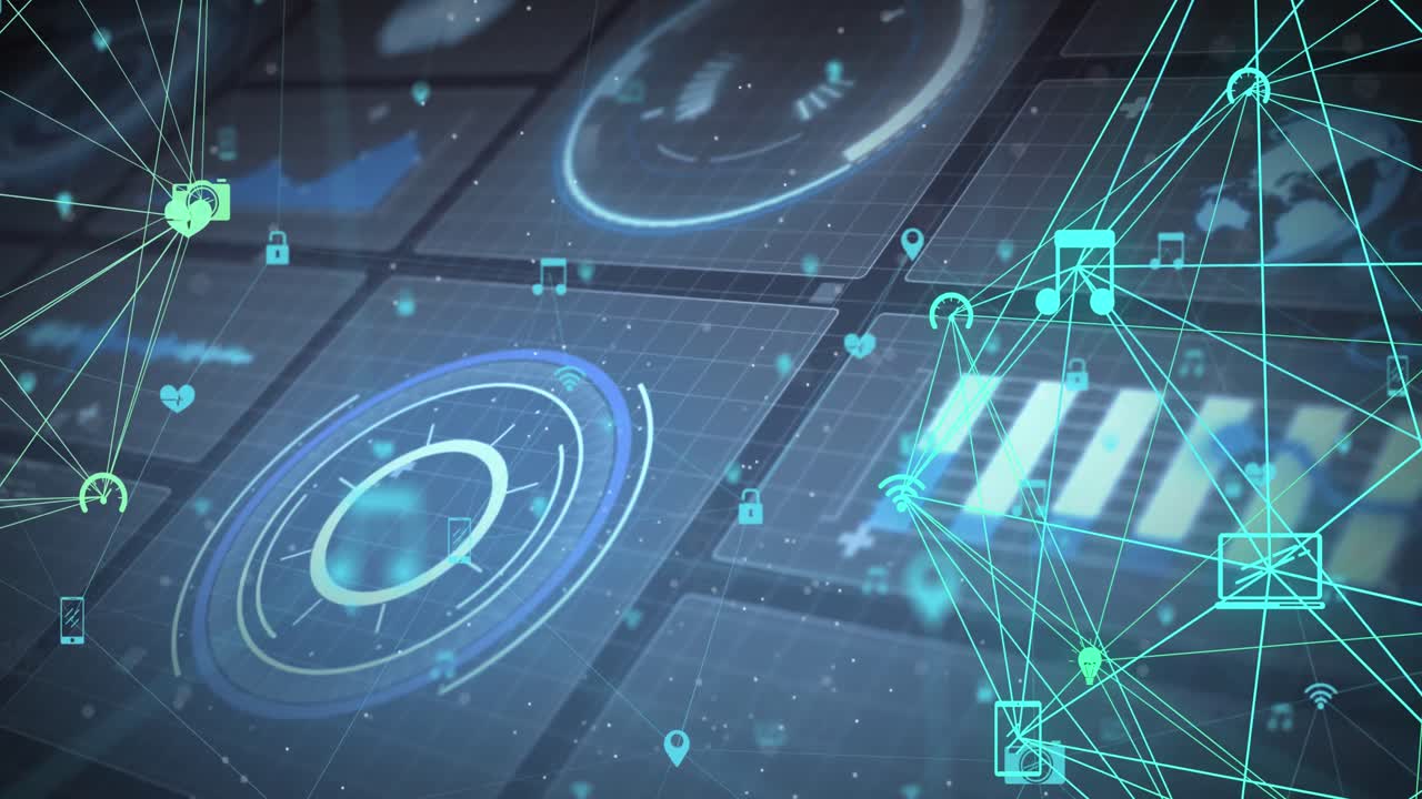 Animation of networks of connections, scopes scanning and data processing on screens over grid