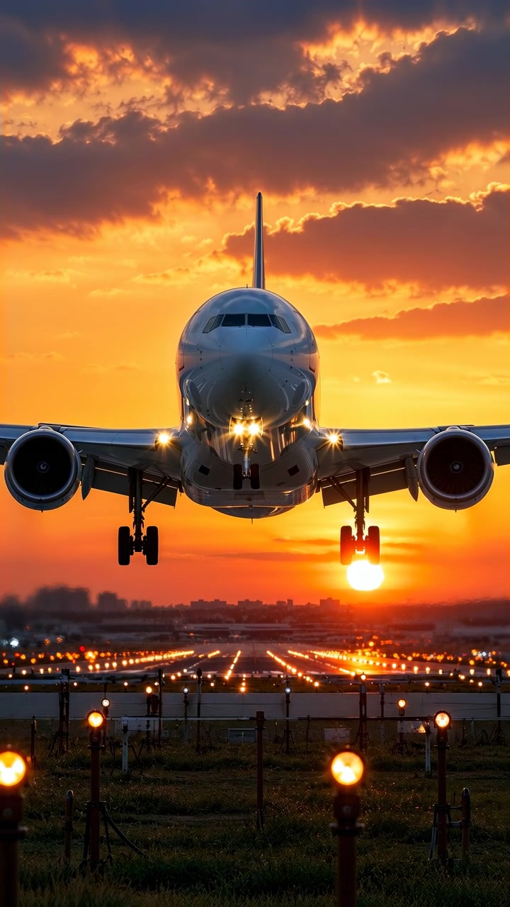Vista frontale di un aereo passeggeri che scende verso una pista illuminata sotto un cielo arancione brillante al tramonto, con nuvole drammatiche e sagome di città distanti all'orizzonte.